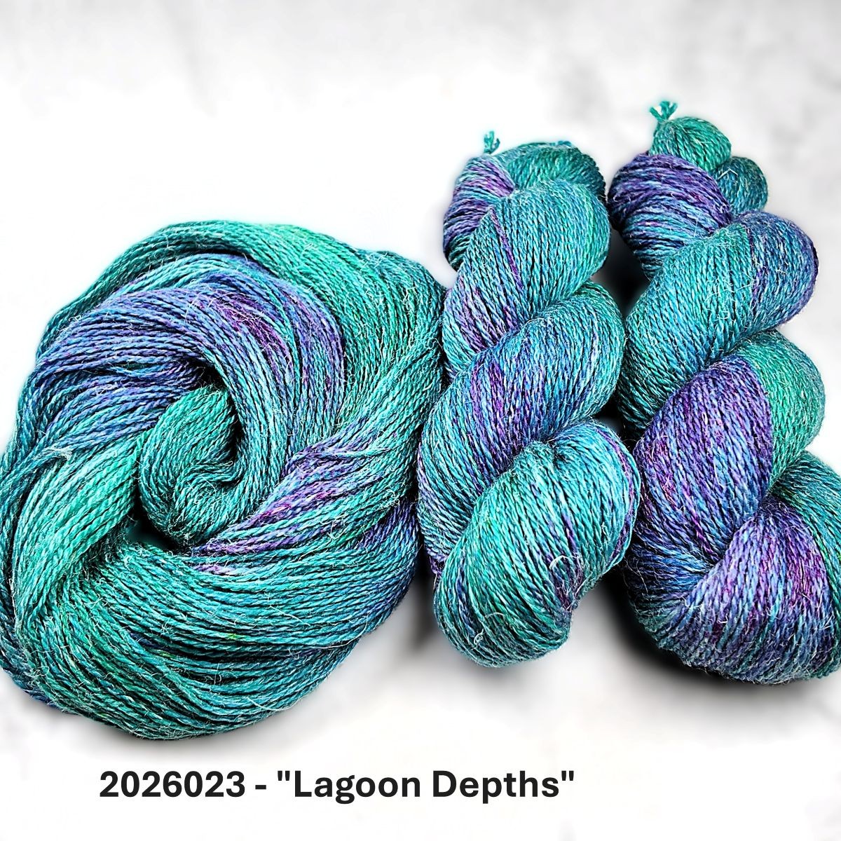2026023 - 8 Ply Hand Dyed Merino & Hemp Yarn - "Lagoon Depths"